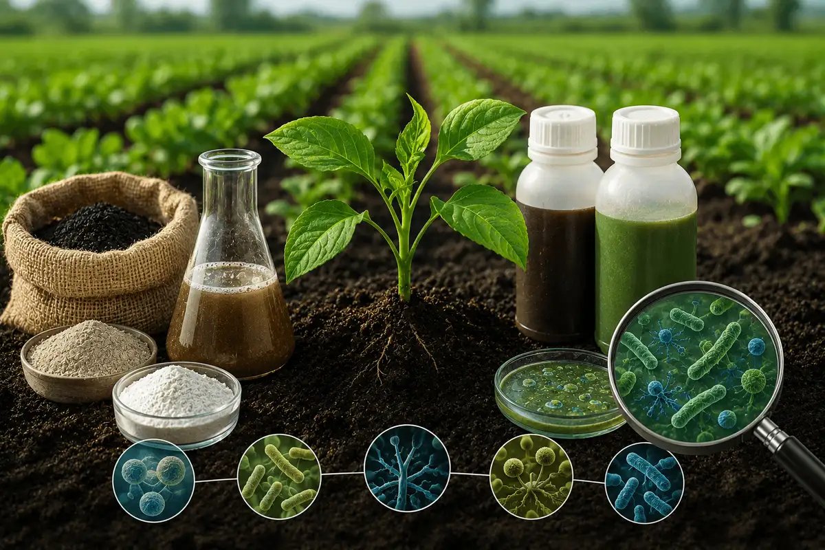 Bio-fertilizers and microbial inoculants improving nutrient availability, root development, and natural crop resilience.